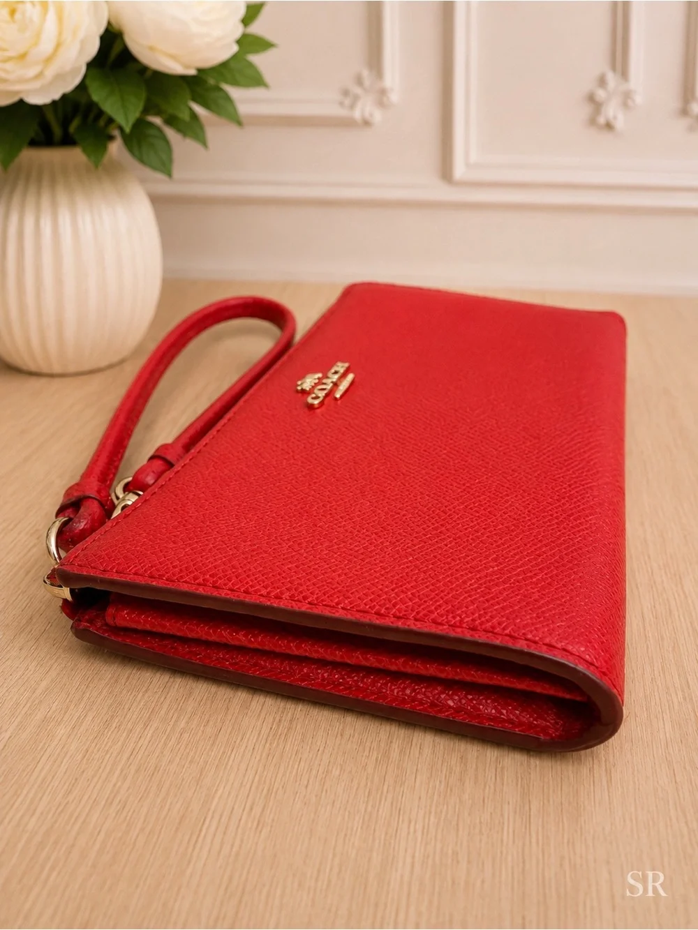 Coach Large Corner Zip Wristlet Red Leather Wallet Gold Hardware